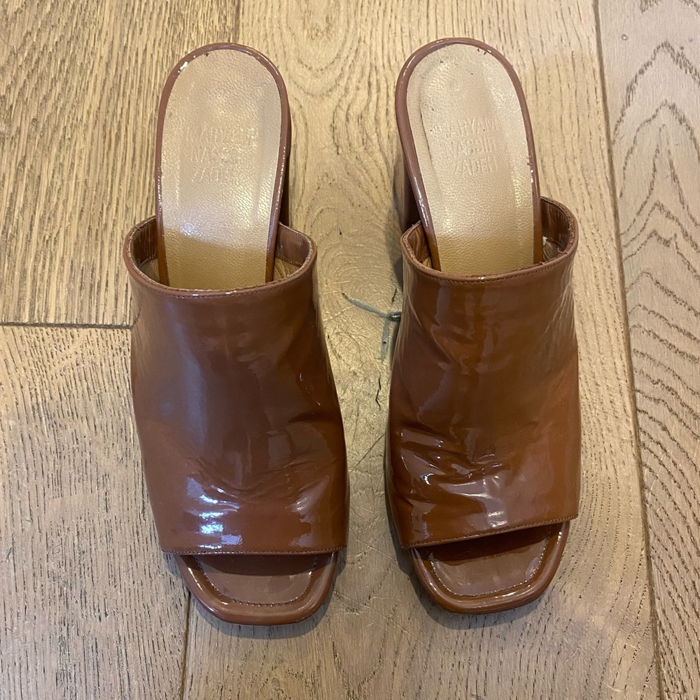 Maryam Nassir Zadeh Brown Patent Penelope Heeled Mules